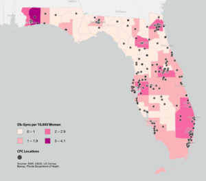 Map shows placement of anti-abortion pregnancy centers and density of Ob-Gyns in Florida.