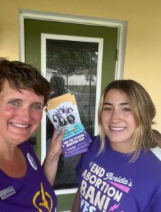 Two volunteers knock on a neighbor's door to tell them about voting YES on Amendment 4 to end Florida's near-total abortion ban.